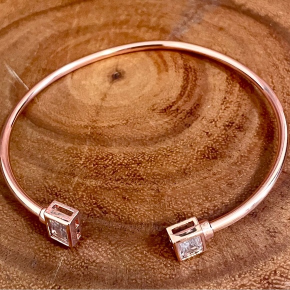 Two Tone Baguette Cut CZ Adjustable Cuff Bangle Duo Gold & Rose Gold Filled - Picture 7 of 10